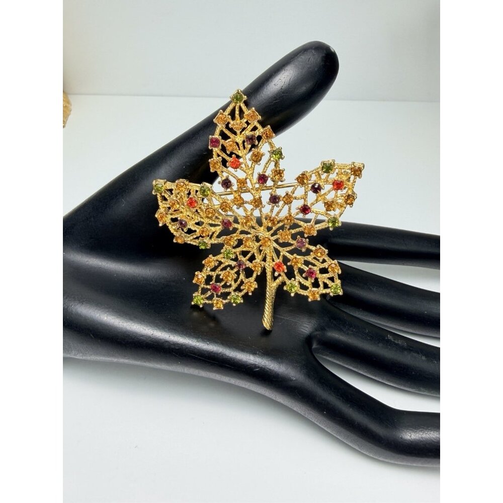 Vintage RJ Graziano Muti Color Rhinestone Gold Tone Autumn Maple Leaf Brooch